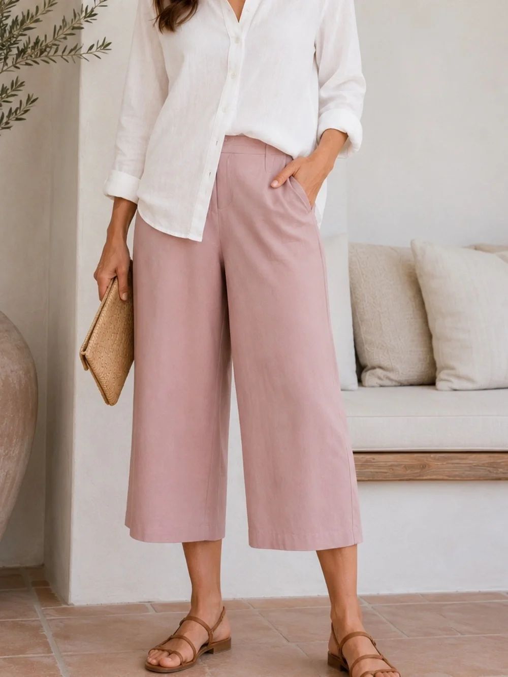 Soft Surroundings Wide Leg Pull-On Crop Pants Blush Pink Viscose Blend Size 14